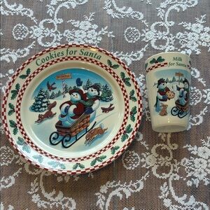 Longaberger Pottery Cookies and Milk for Santa plate and cup set